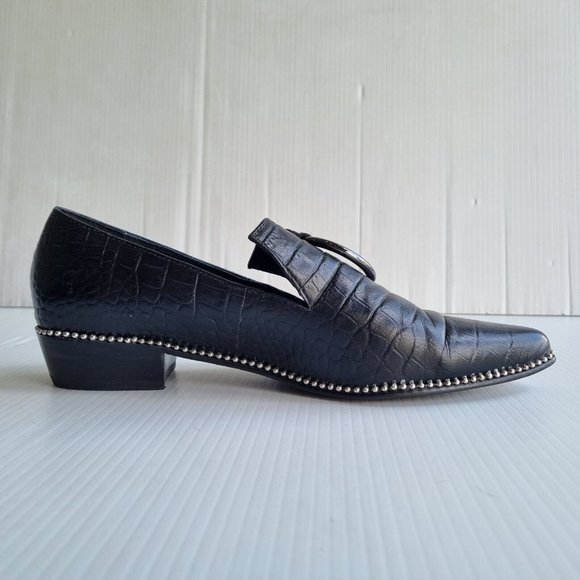 Skin Black Crocodile Print Leather O-Ring Detail Pointed Toe Loafers Size 38 - Picture 4 of 7